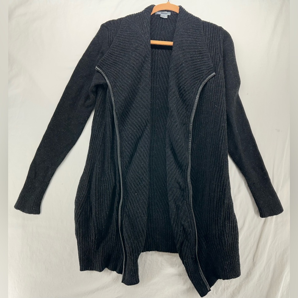 VINCE Cashmere Wool Blend Cardigan Leather Trim Open Front Sweater S Dark‎ Gray